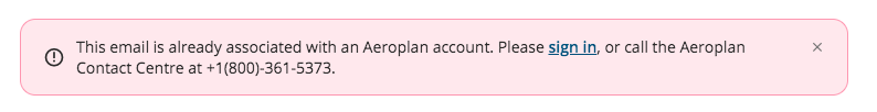 Existing email associated to an Aeroplan account message