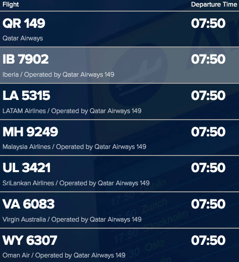 QR149 codeshare flight numbers - oneworld alliance